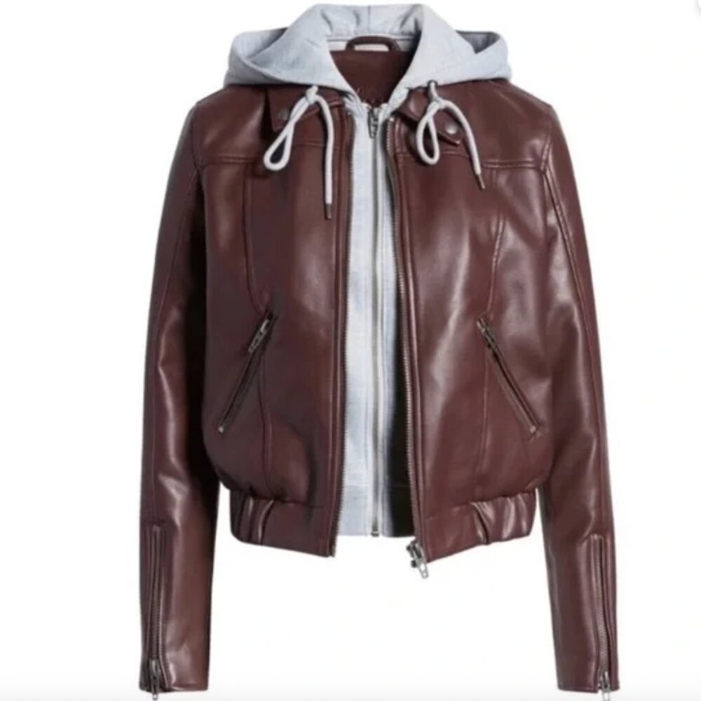 BLANKNYC Burgundy Gray Faux Leather Bomber Jacket w/Removable Hood Size Large - Picture 4 of 9